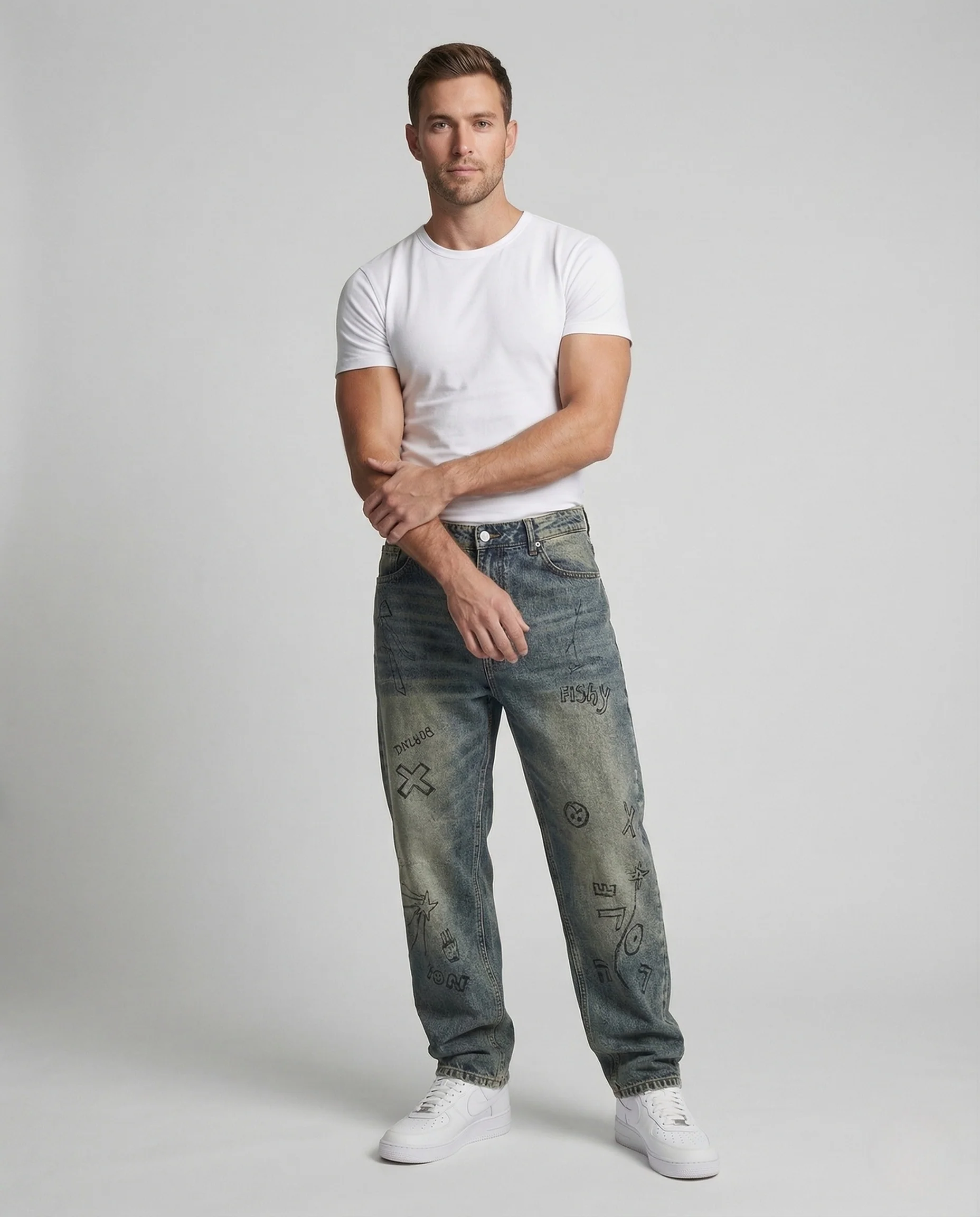Herren Weite Cargo Jeans mit Tiefem Schritt und Mehrfachtaschen