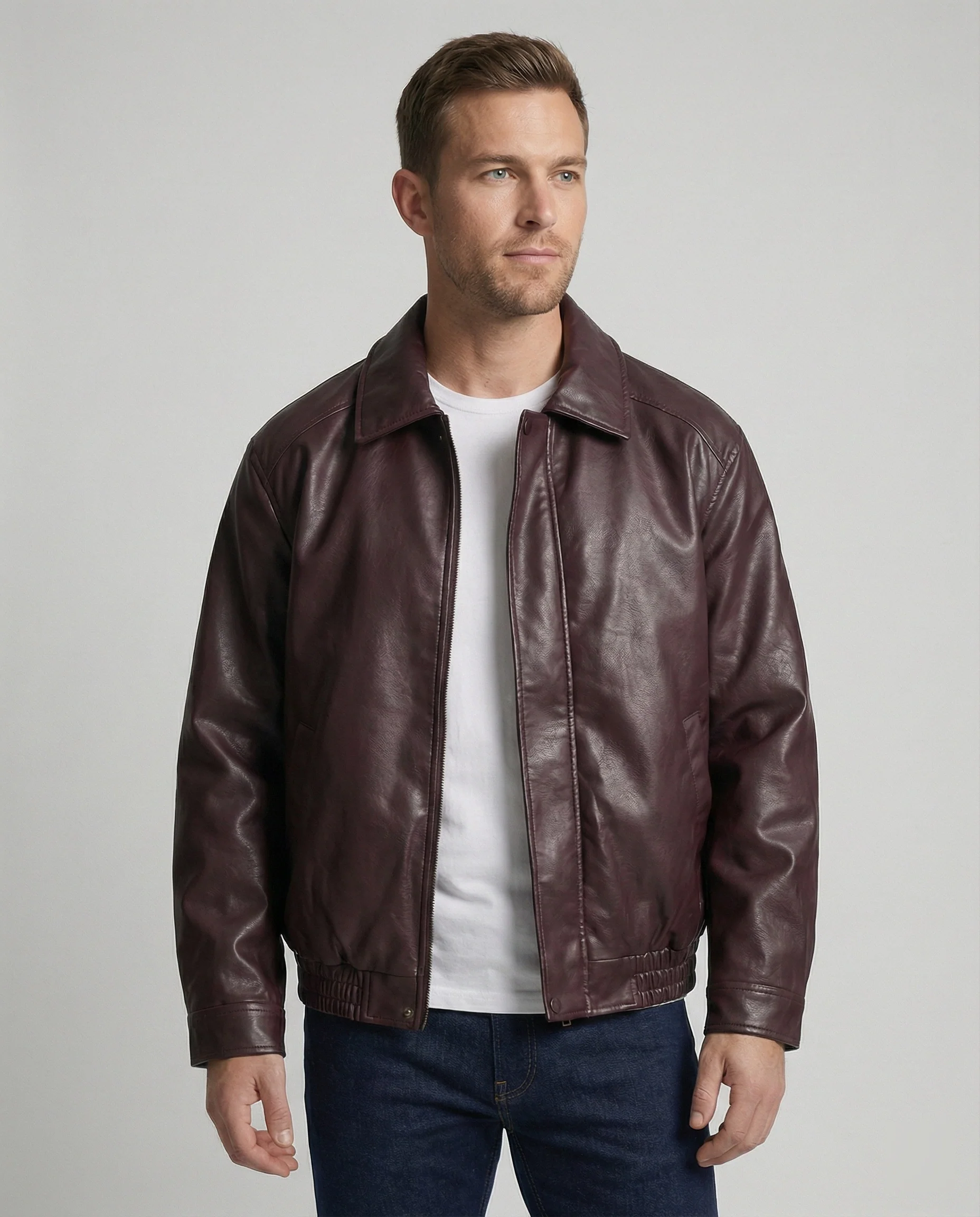 Herren oversized Lederimitat-Zipjacke mit Hemdkragen kastiger Silhouette und Einschubtaschen Heidi-Mode