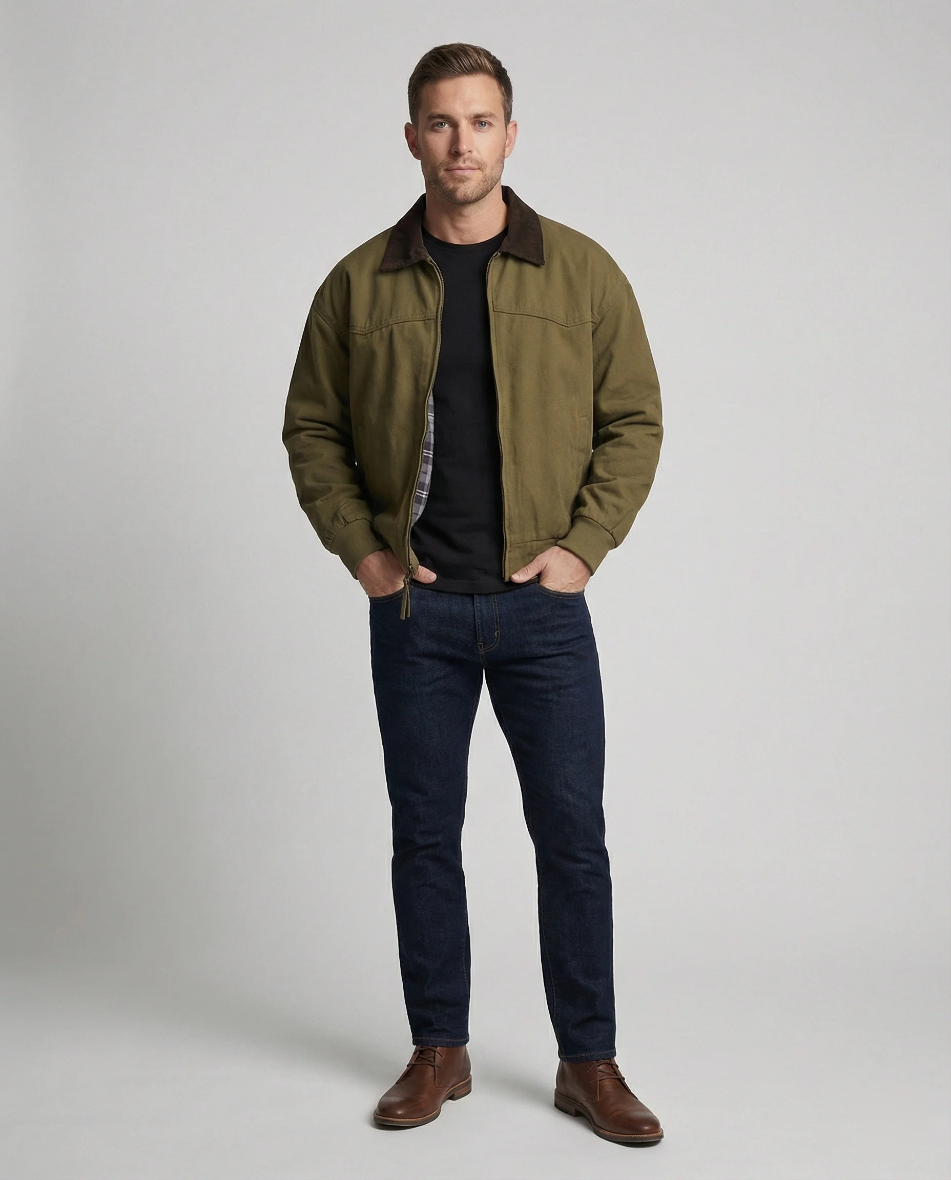 Herren robuster Canvas-Blouson mit Cordkragen und kariertem Steppfutter Heidi-Mode - Image 3