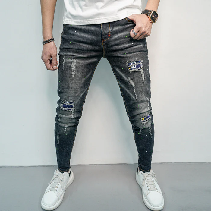 Herren Skinny Fit Jeans im kreativen Rissdesign und bunten Farbsklecks Heidi-Mode - Image 6