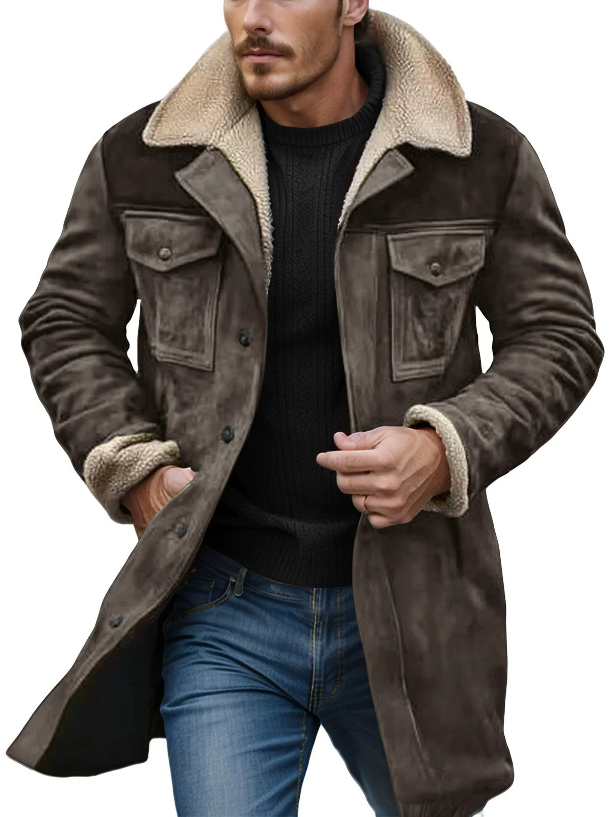 Herren Suede-Langjacke mit Teddy-Futter und praktischen Taschen Heidi-Mode - Image 7