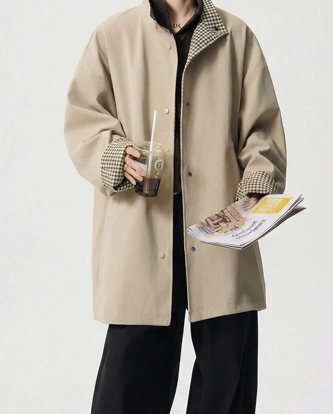 Herren Trenchcoat Khaki Mittellang Lockerer Schnitt Herbst Mantel - Image 3