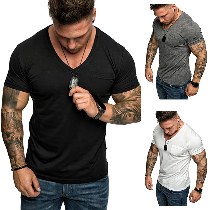 Herren V-Ausschnitt T-Shirt aus weicher Baumwolle mit Brusttasche Heidi-Mode