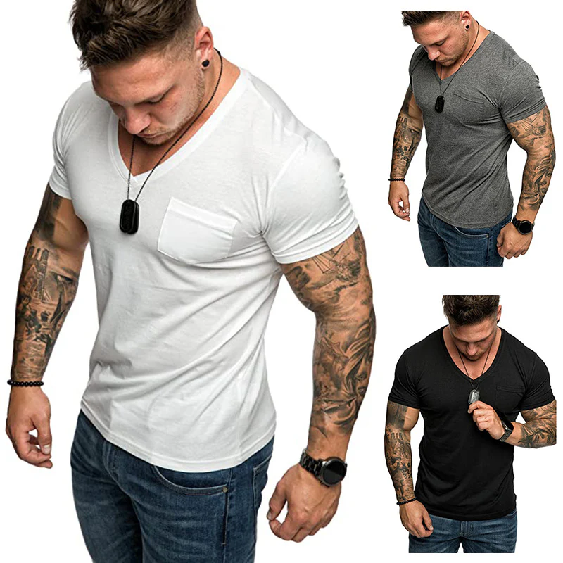 Herren V-Ausschnitt T-Shirt aus weicher Baumwolle mit Brusttasche Heidi-Mode - Image 3