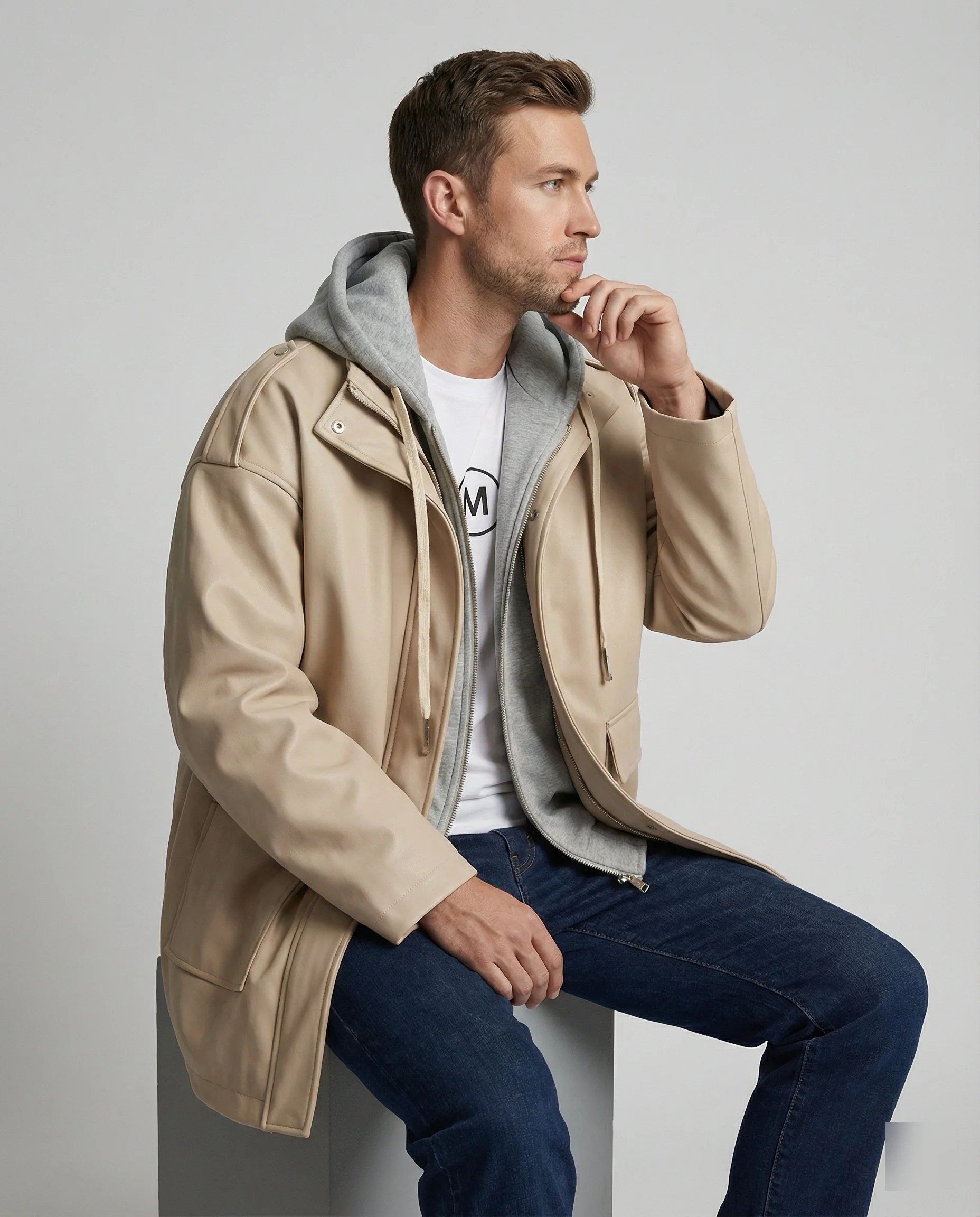 Herren Windbreaker Kapuzenjacke Lockerer Fake-Two-Piece Trenchcoat Frühling - Image 3