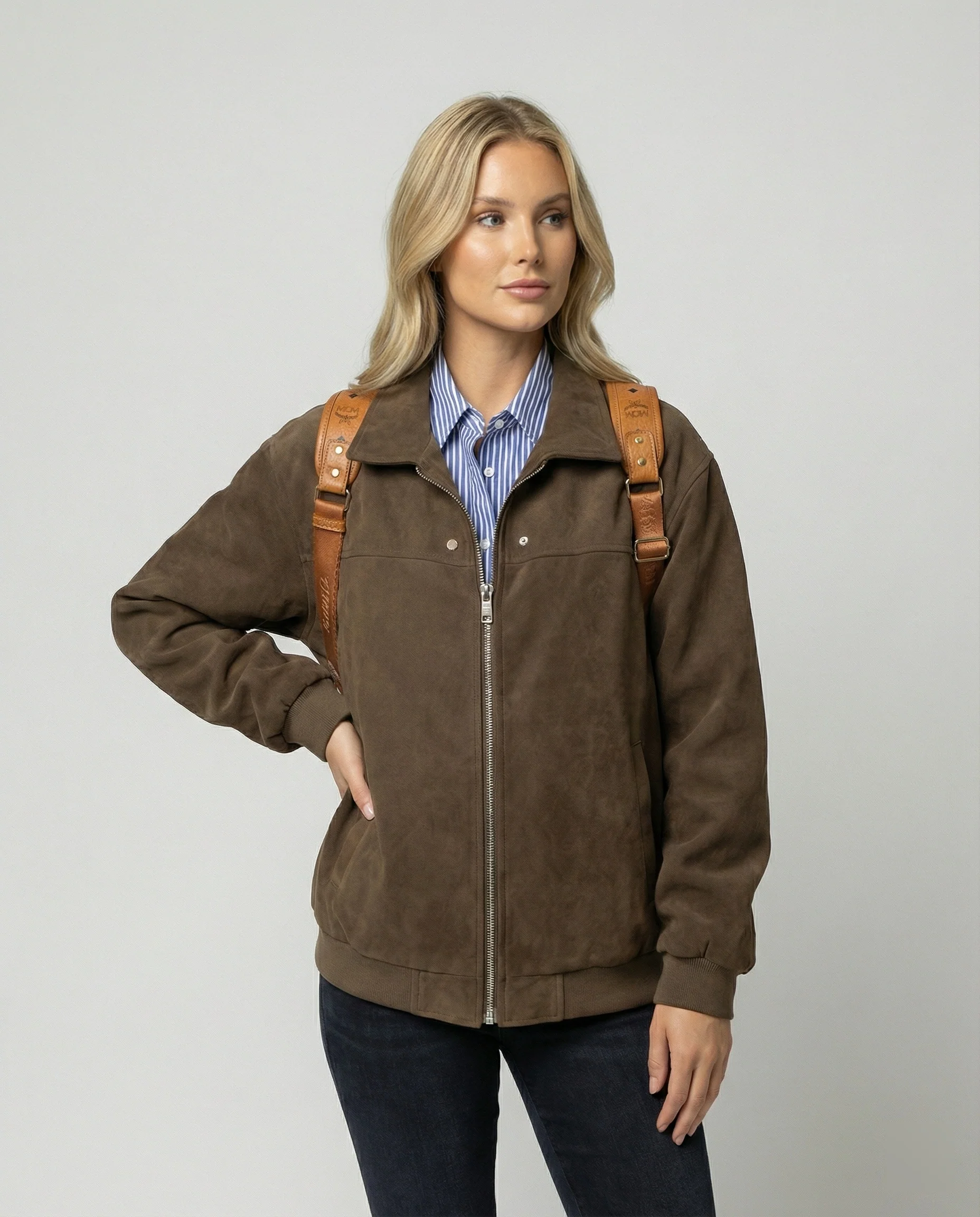 Japanische Vintage Baseball Jacke Damen Braun Suede Herbst Übergangsjacke