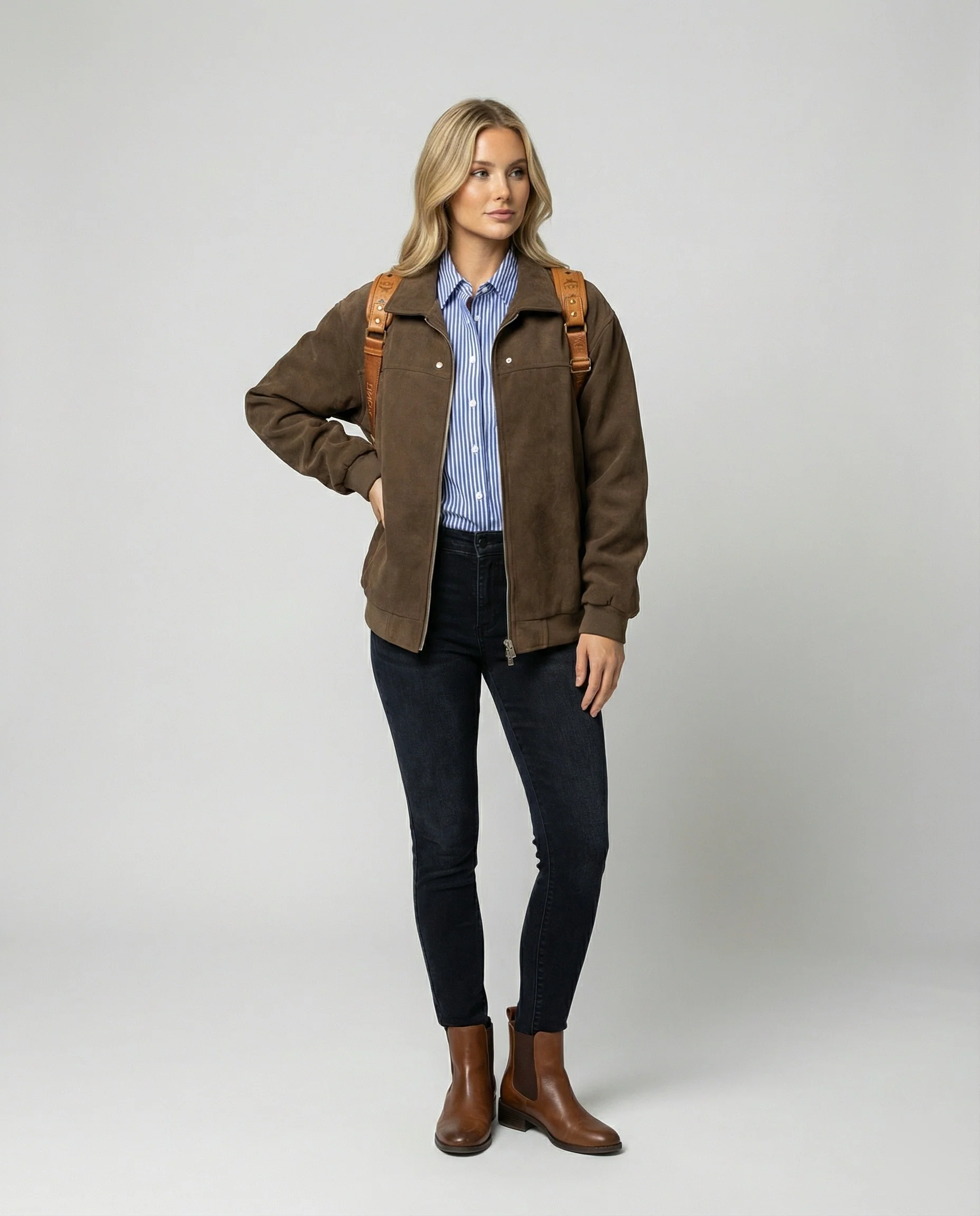 Japanische Vintage Baseball Jacke Damen Braun Suede Herbst Übergangsjacke - Image 3
