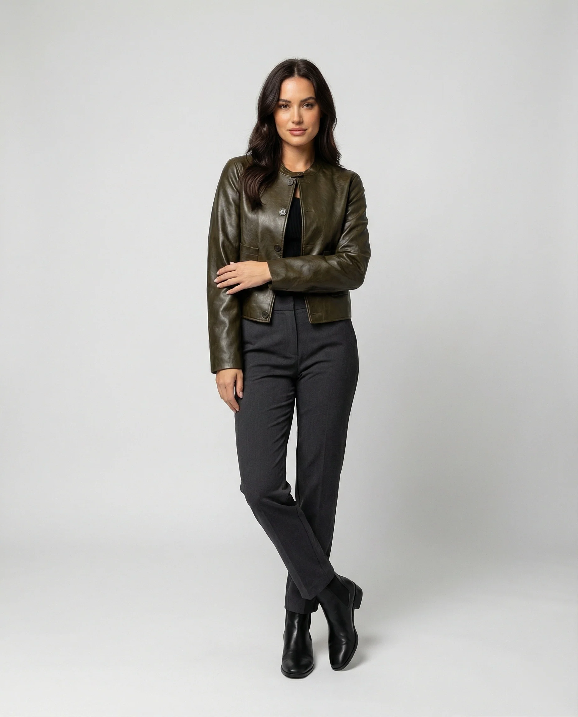 Kurze grüne Lederjacke Damen Übergröße Lockerer Schnitt Herbst Jacke - Image 3