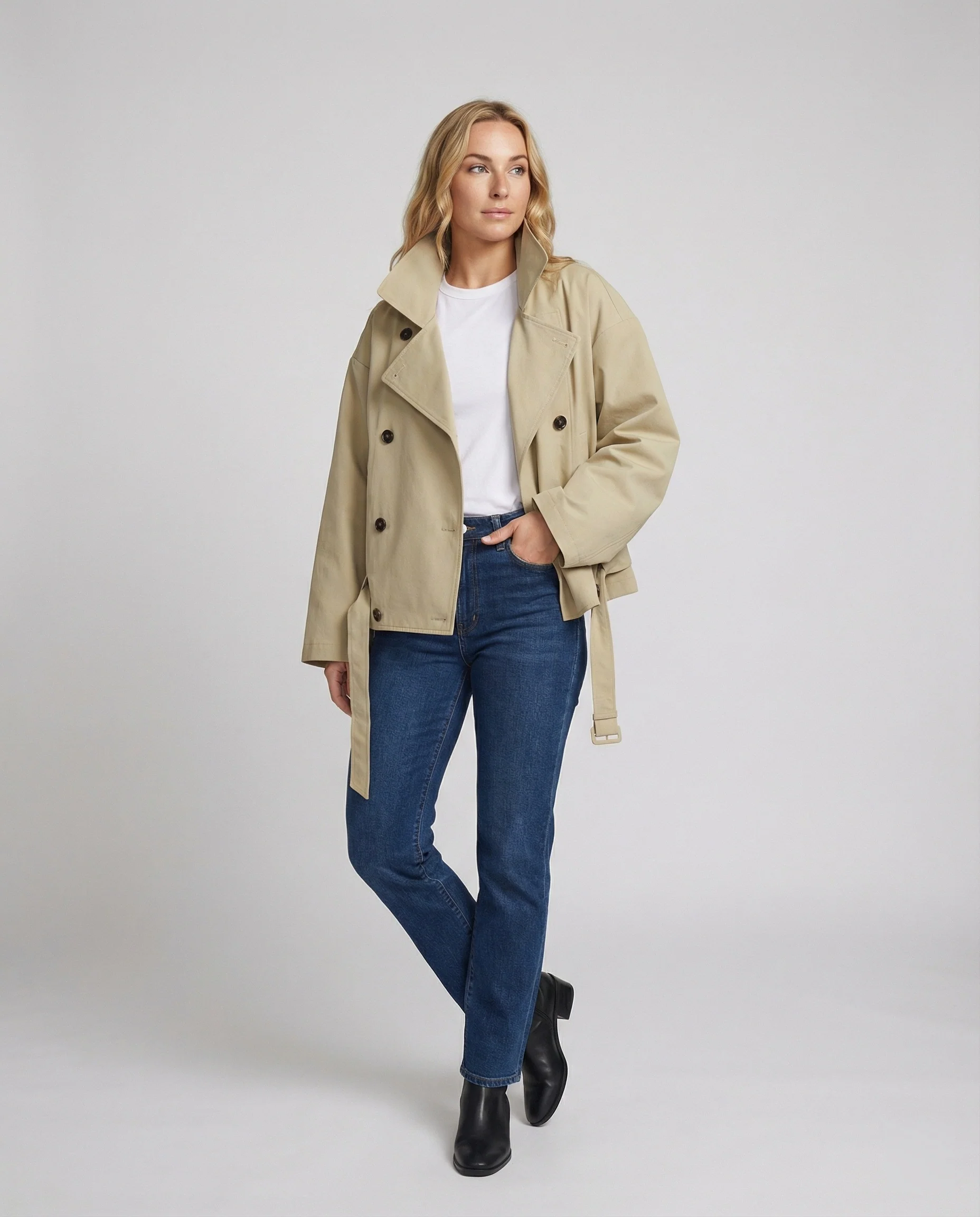 Kurzjacke Zweireihig Retro Oversize Trenchcoat-Stil American Vintage - Image 2