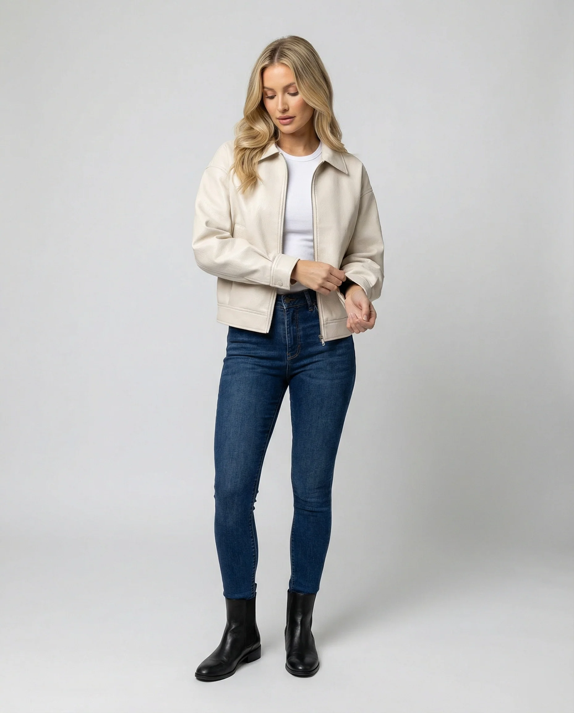Damen Vintage Lederjacke Off-White Kurz geschnittene Motorradjacke - Image 3