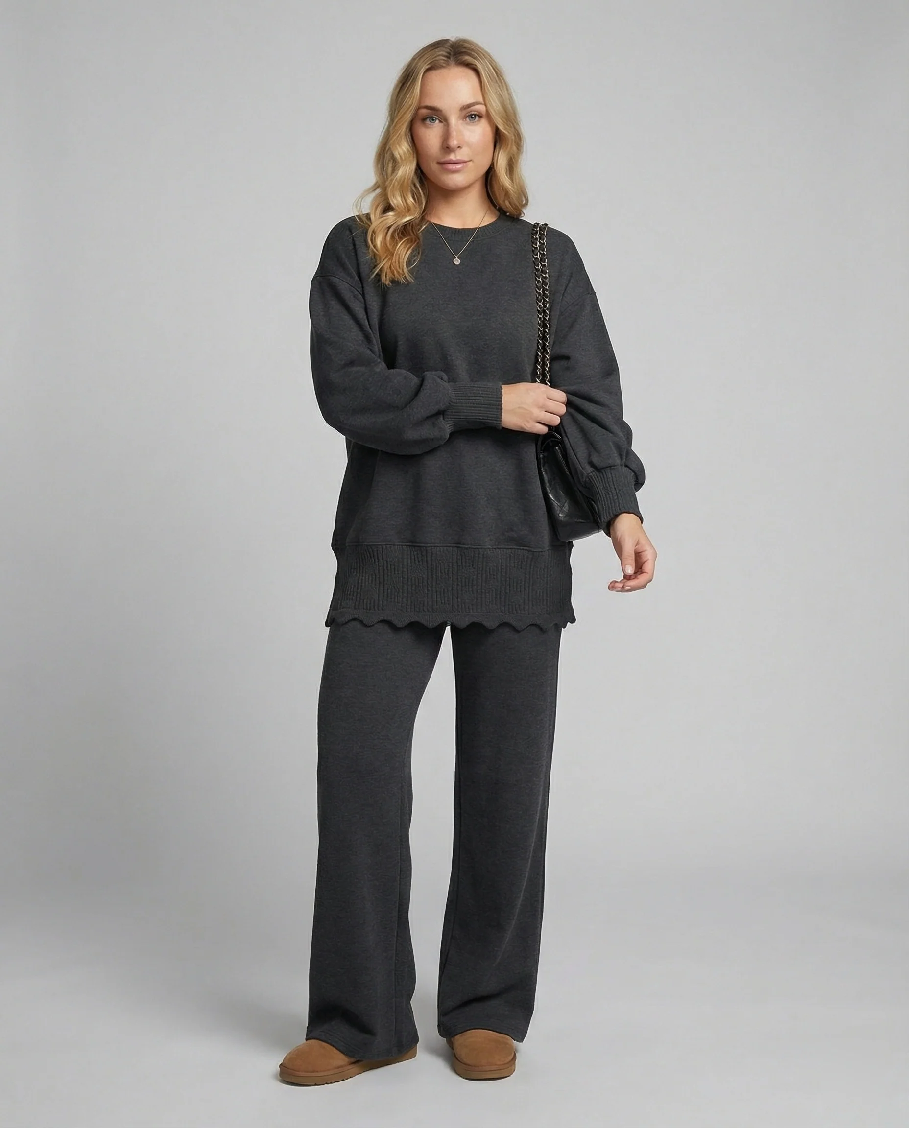 Modisches Strick-Sweatshirt und Sporthose Set für Damen Zweiteiler Grau