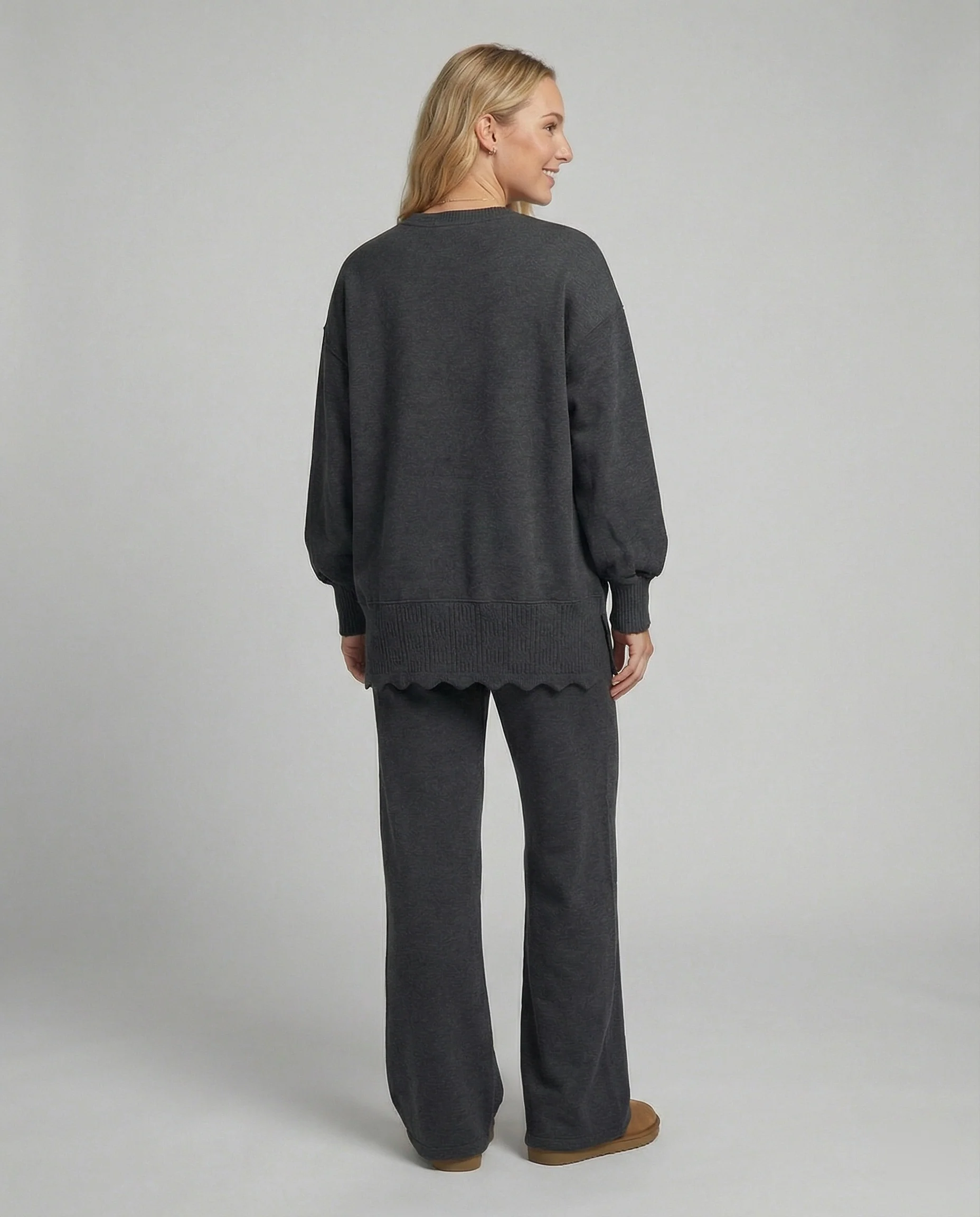 Modisches Strick-Sweatshirt und Sporthose Set für Damen Zweiteiler Grau - Image 3