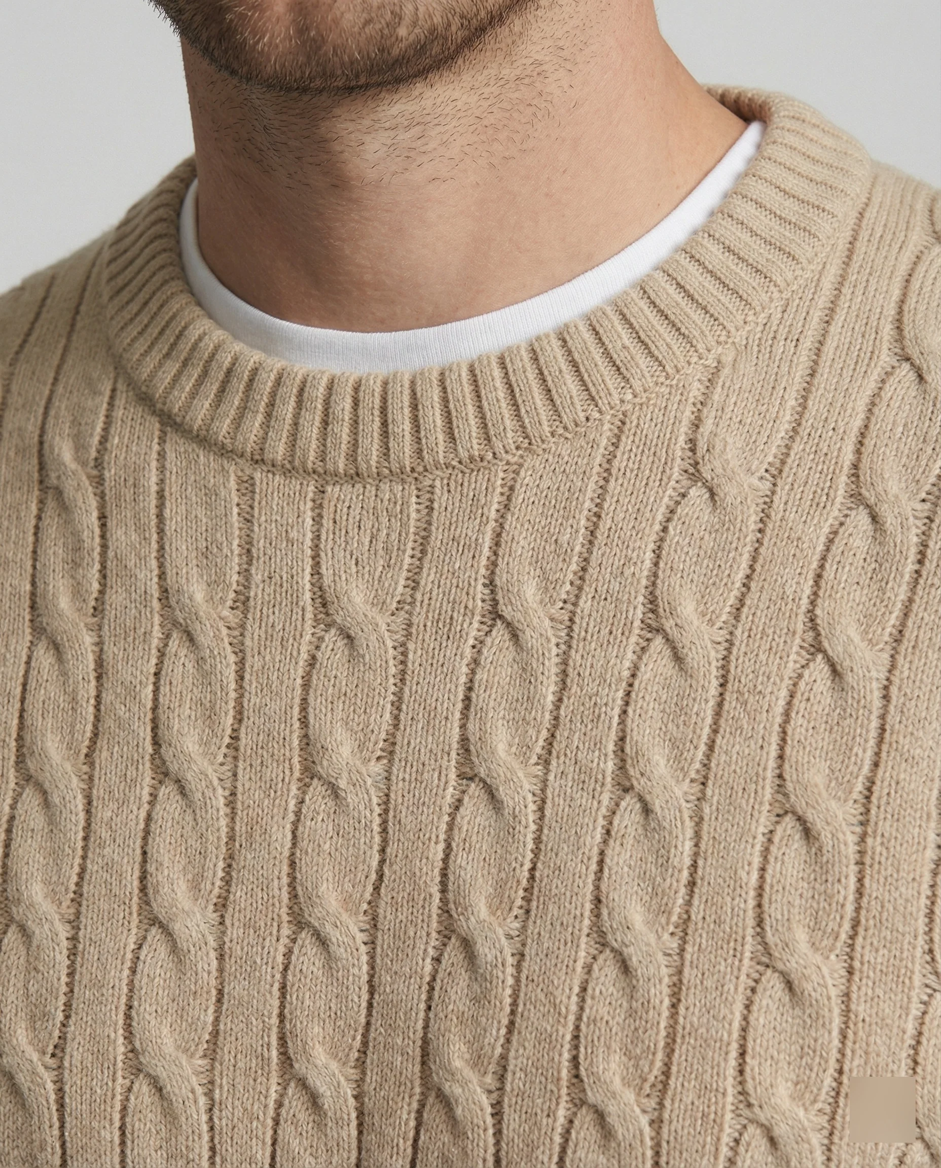 Retro Strickpullover Herren Zopfmuster Rundhals Beige Camel Locker - Image 2