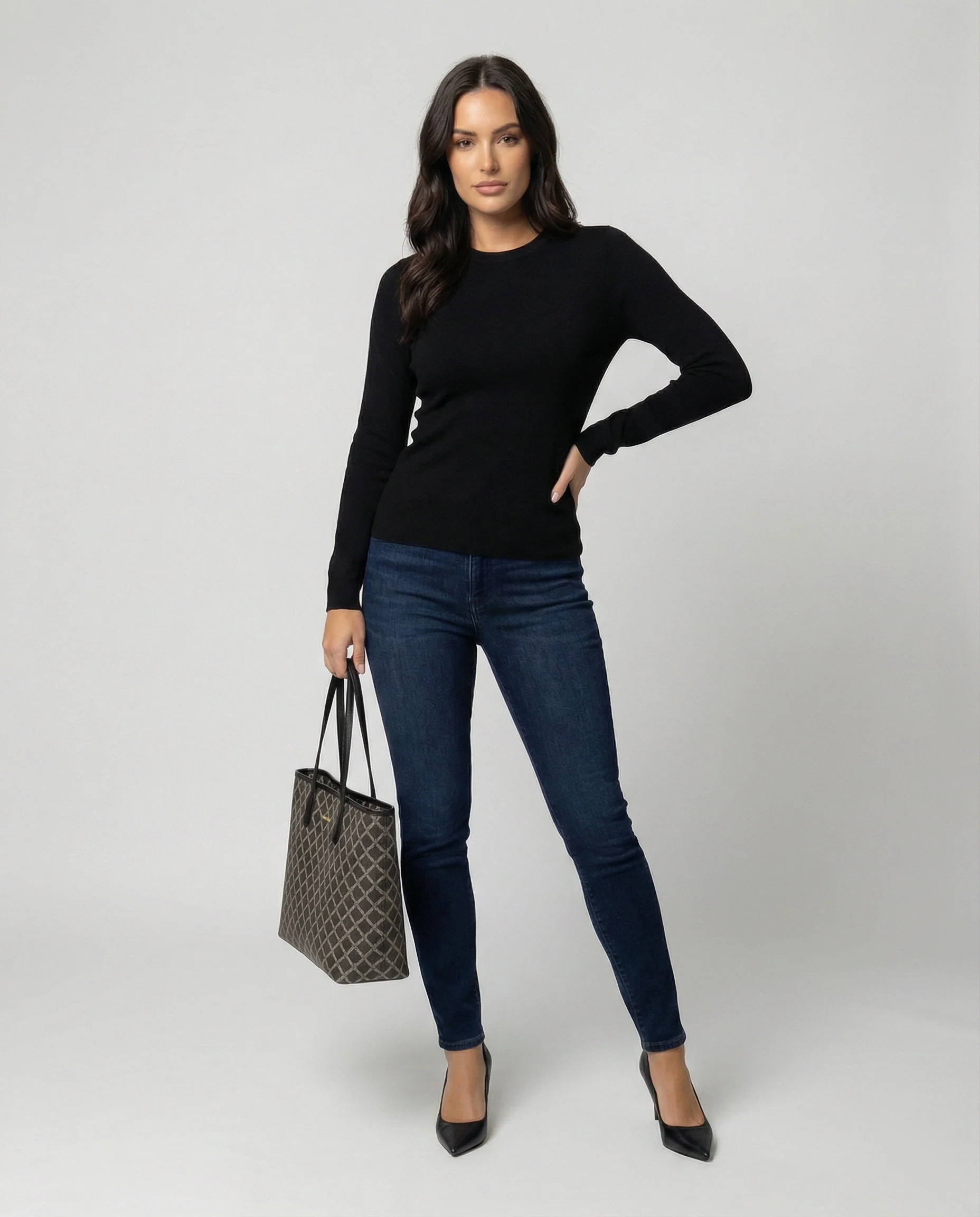 Schwarzer Damen Strickpullover Slim-Fit Langarm Rundhals Basis Oberteil - Image 3