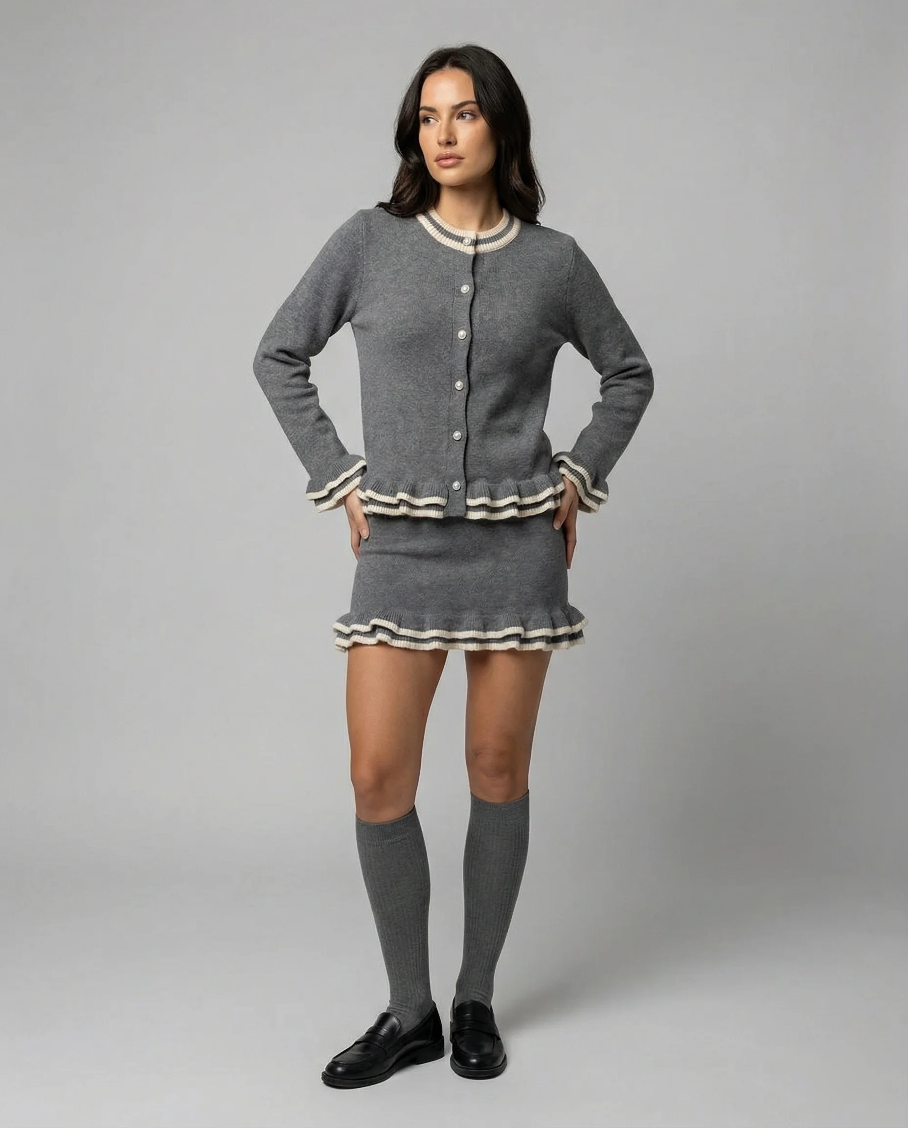 Stilvolles graues Strickset mit Cardigan und Rock für Damen - Image 3