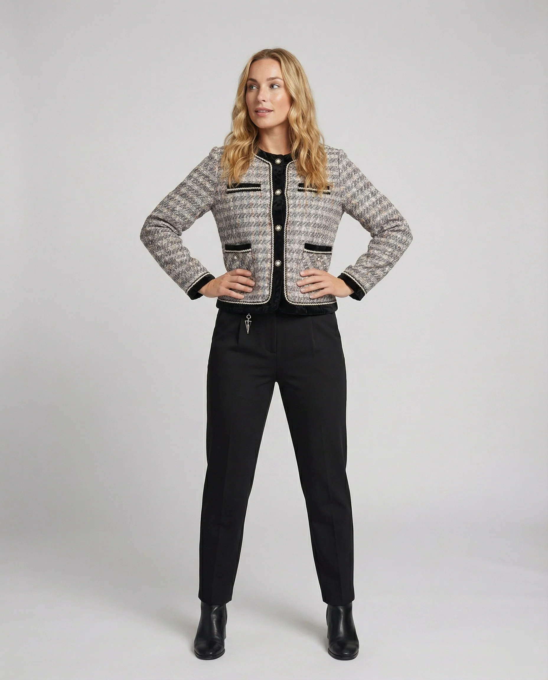 Tweed-Blazer im Bouclé-Look mit Samtbesatz und schlanker Anzughose Heidi Mode - Image 3