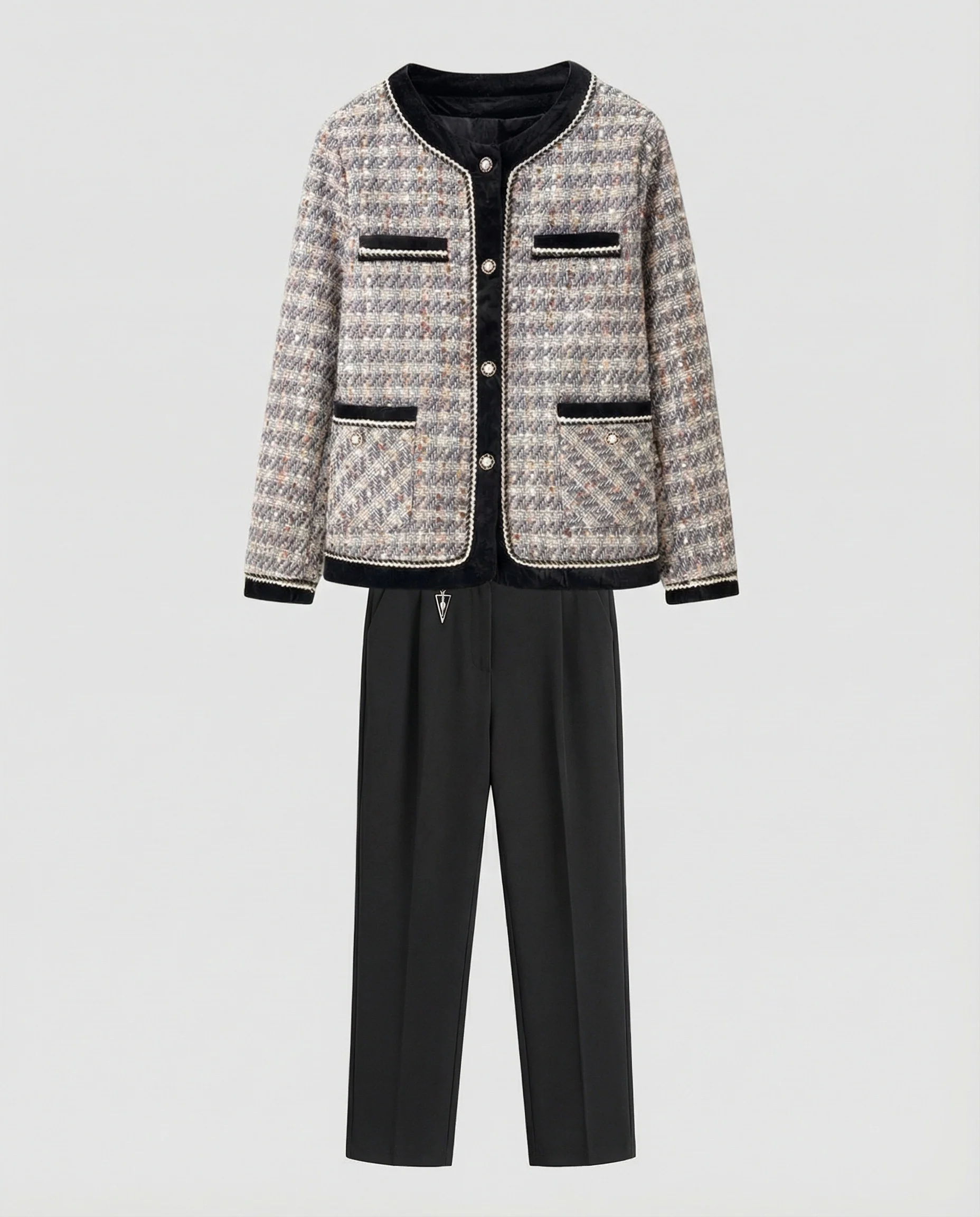 Tweed-Blazer im Bouclé-Look mit Samtbesatz und schlanker Anzughose Heidi Mode - Image 6