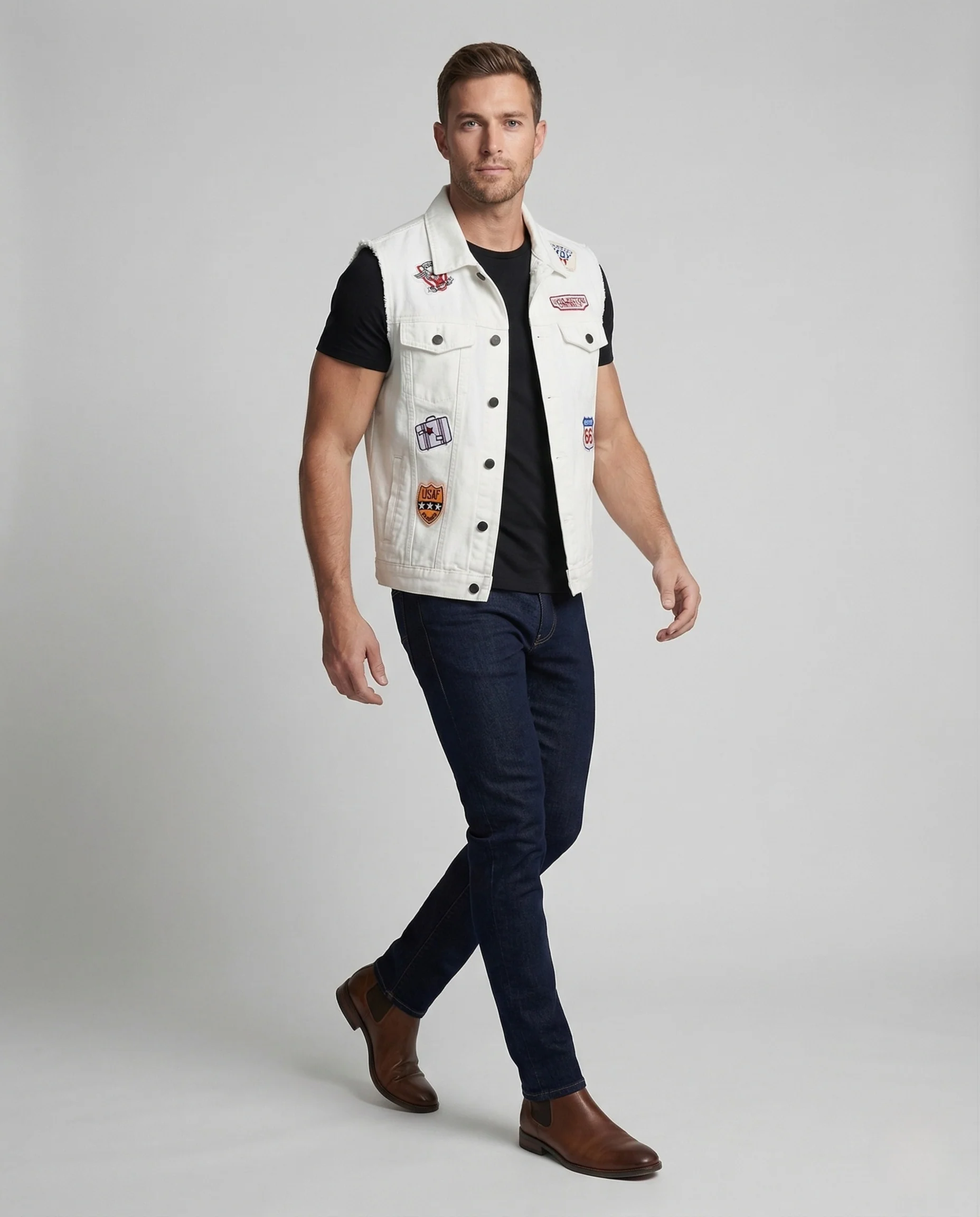 Unisex Jeansweste Baumwolle mit Retro Patches