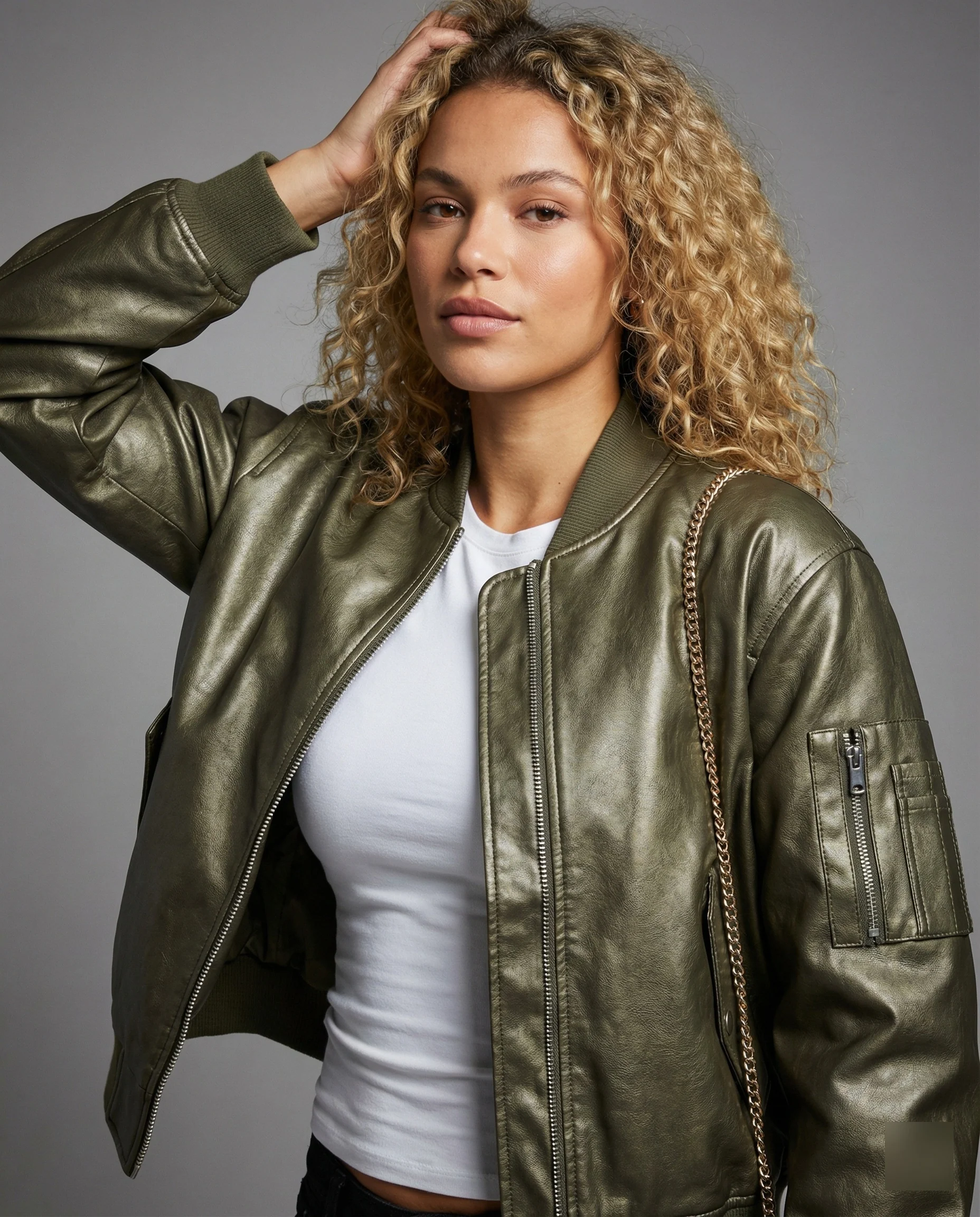 Kurz geschnittene Fliegerblousonjacke mit mehreren Reißverschlüssen und geripptem Abschluss Heidi-Mode - Image 2