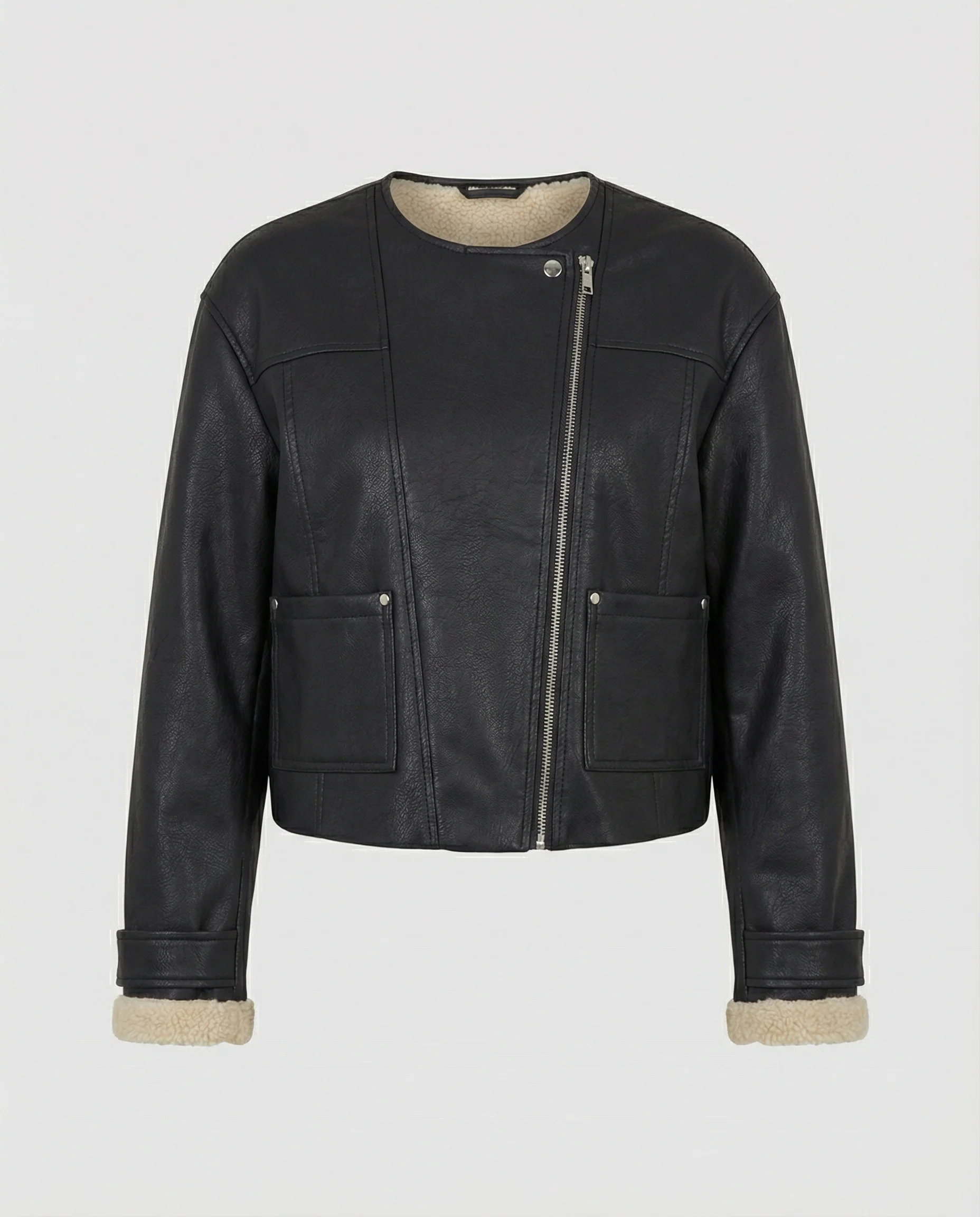 Kurzer Boxy-Blouson aus veganem Kunstleder mit Stehkragen Reißverschluss und aufgesetzten Taschen Heidi-Mode - Image 3