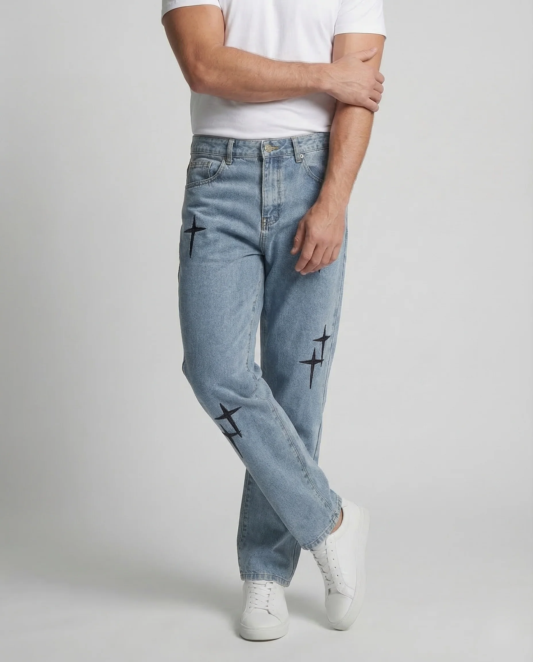 Unisex Baggy Jeans Kreuz Stickerei - Image 2