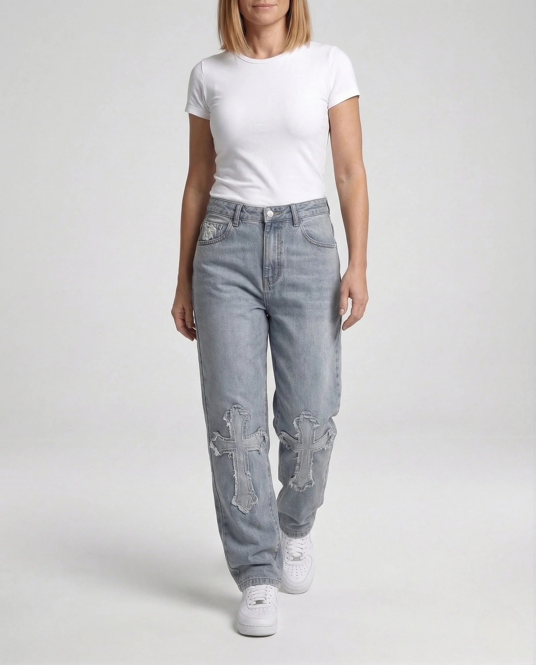 Unisex Vintage Jeans mit Kreuz Applikationen - Image 2