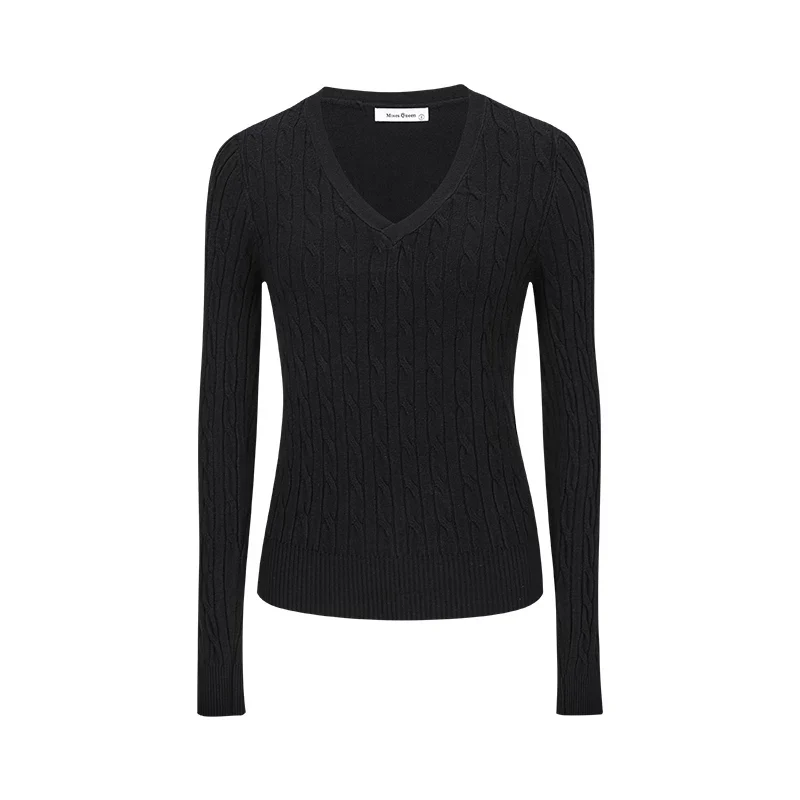 V-Ausschnitt Strickpullover Langarm Zopfmuster Damen Basic - Image 7