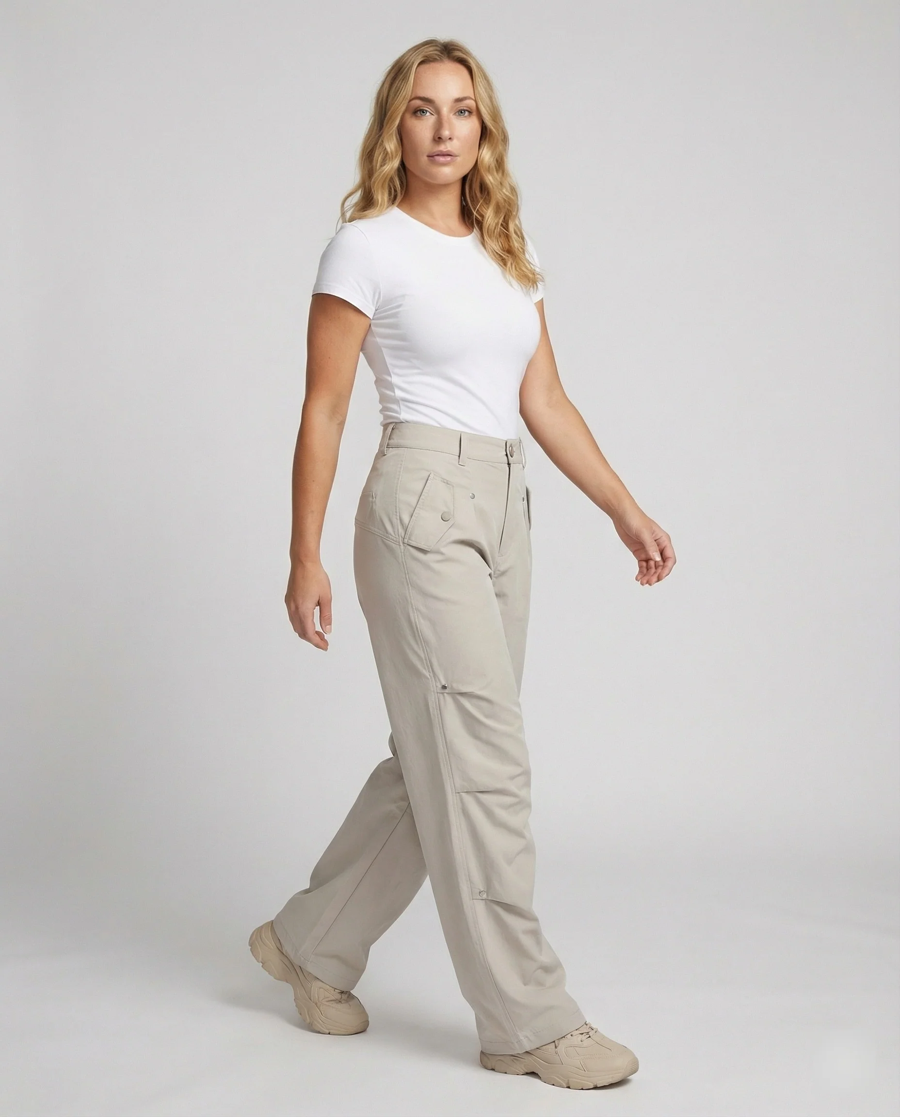 Weit geschnittene hochtaillierte Statement-Hose mit asymmetrischen Paneel-Falten und Zierdruckknöpfen Heidi-Mode